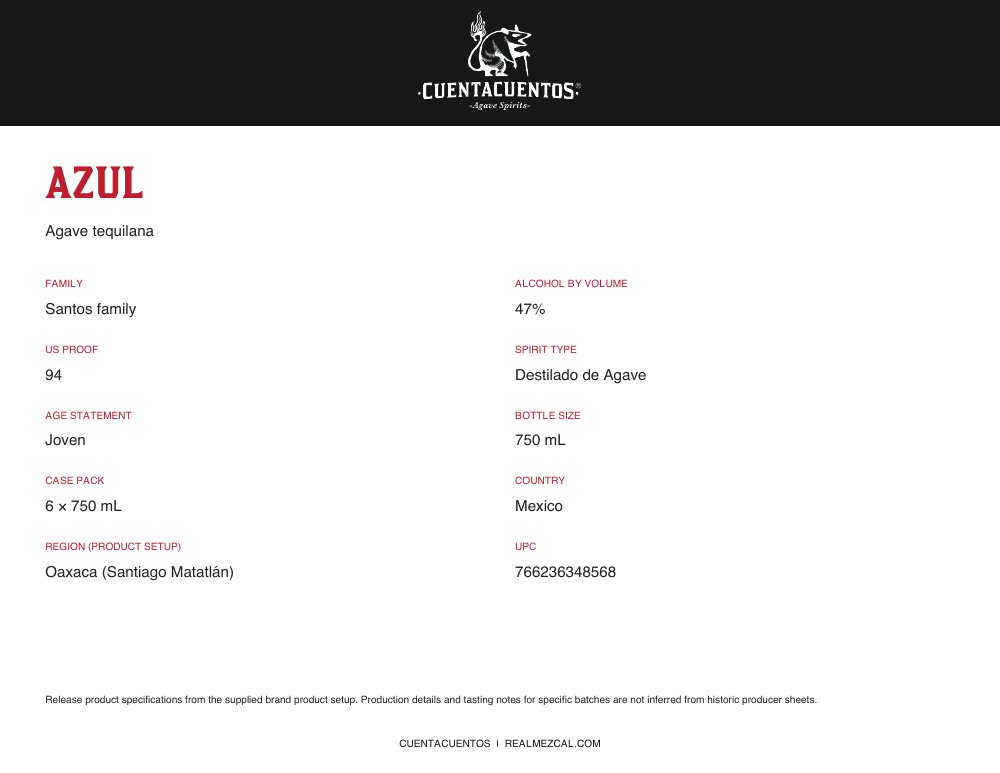 Cuentacuentos Azul 47% · 750 mL Landscape product sheet