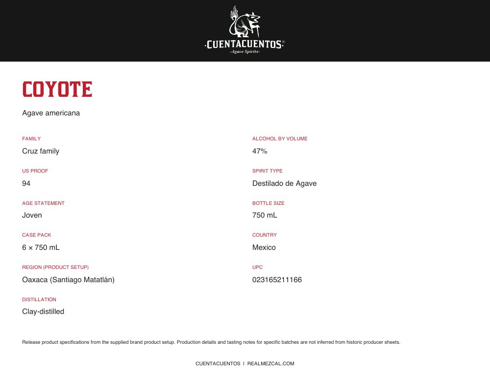 Cuentacuentos Coyote 47% · 750 mL Landscape product sheet