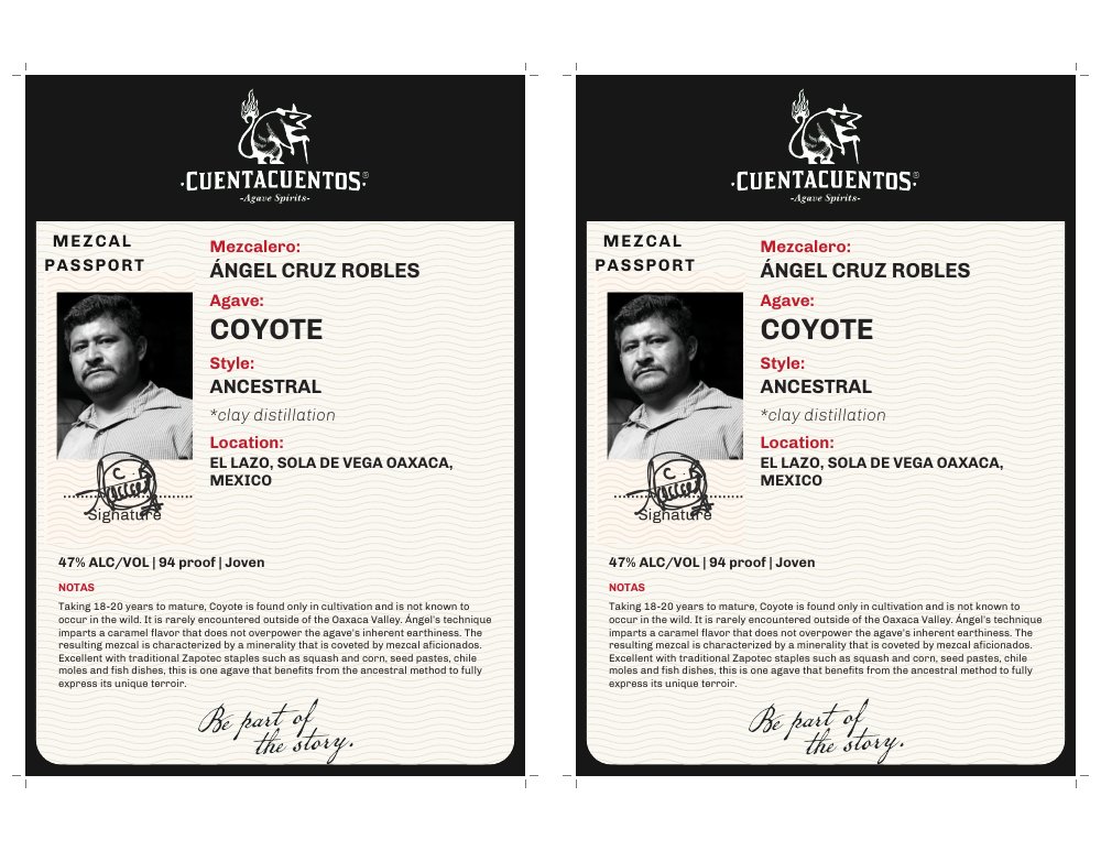 Cuentacuentos Coyote 47% · 750 mL Two-up shelf talkers · Color