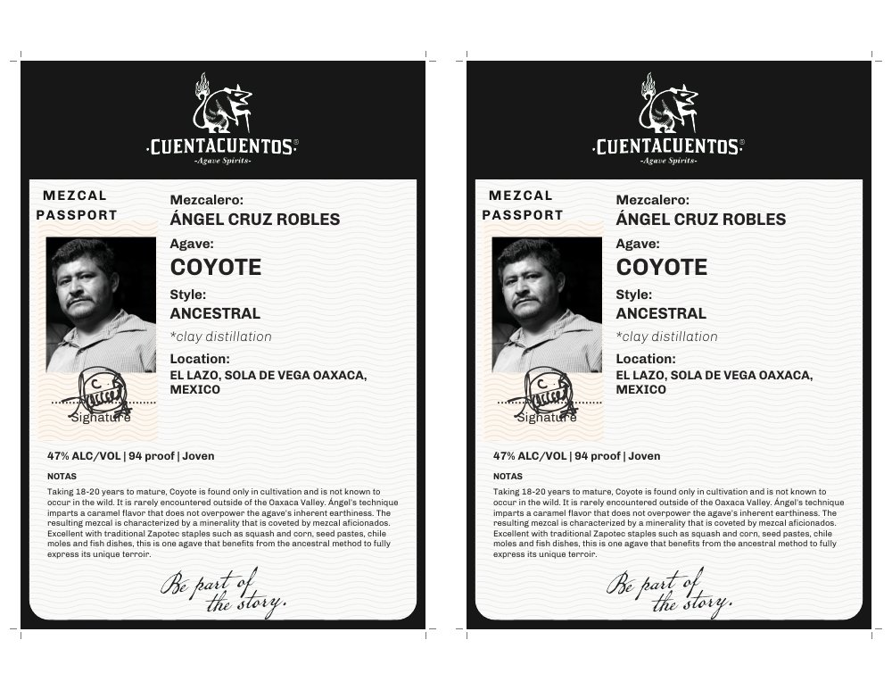 Cuentacuentos Coyote 47% · 750 mL Two-up shelf talkers · Grayscale