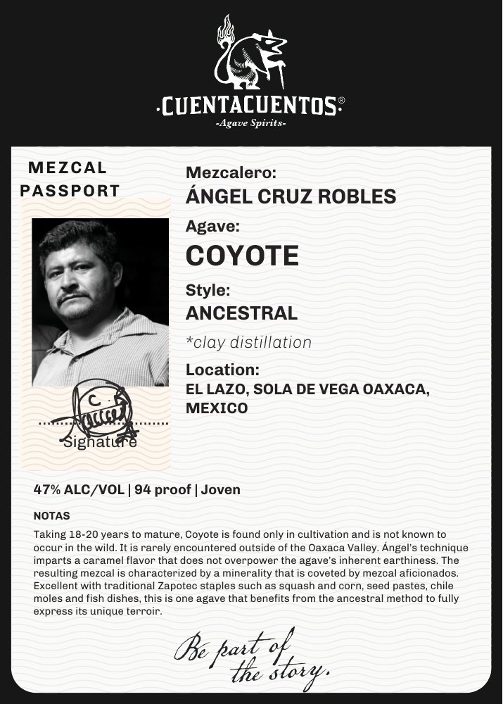Cuentacuentos Coyote 47% · 750 mL 5 × 7 shelf talker · Grayscale