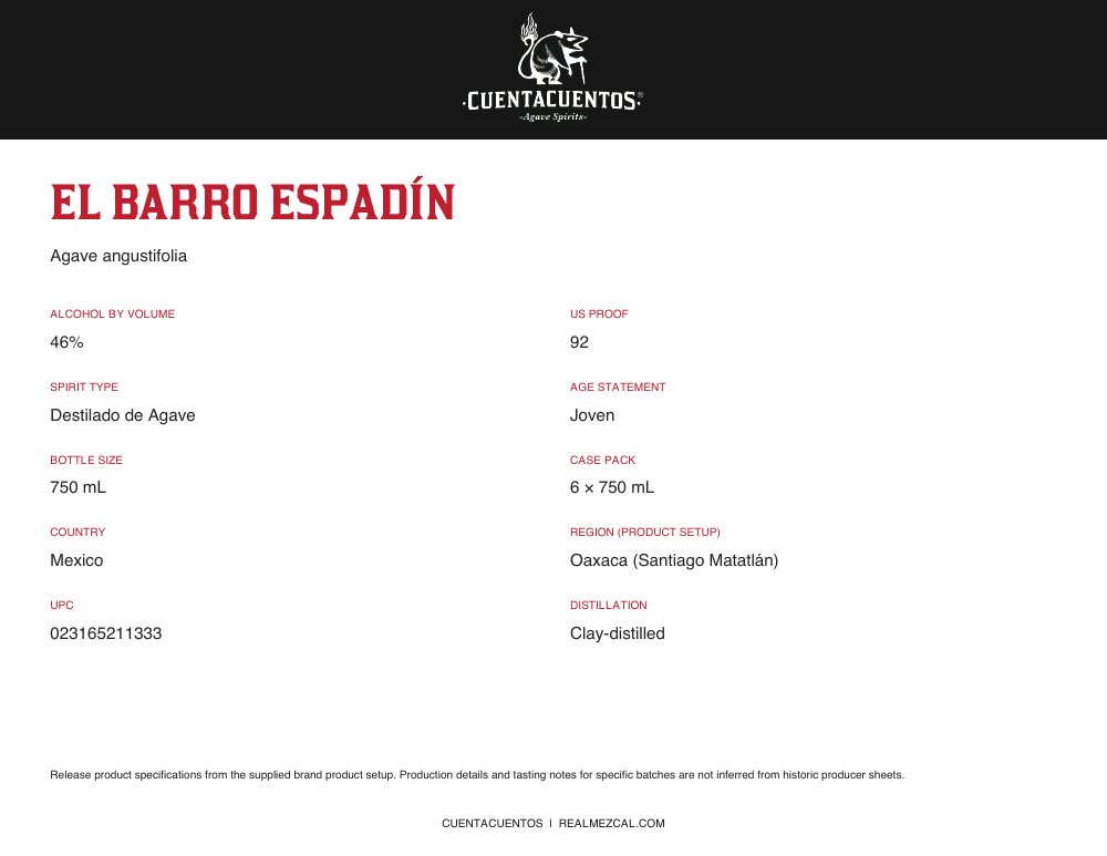 Cuentacuentos El Barro Espadín 46% · 750 mL Landscape product sheet