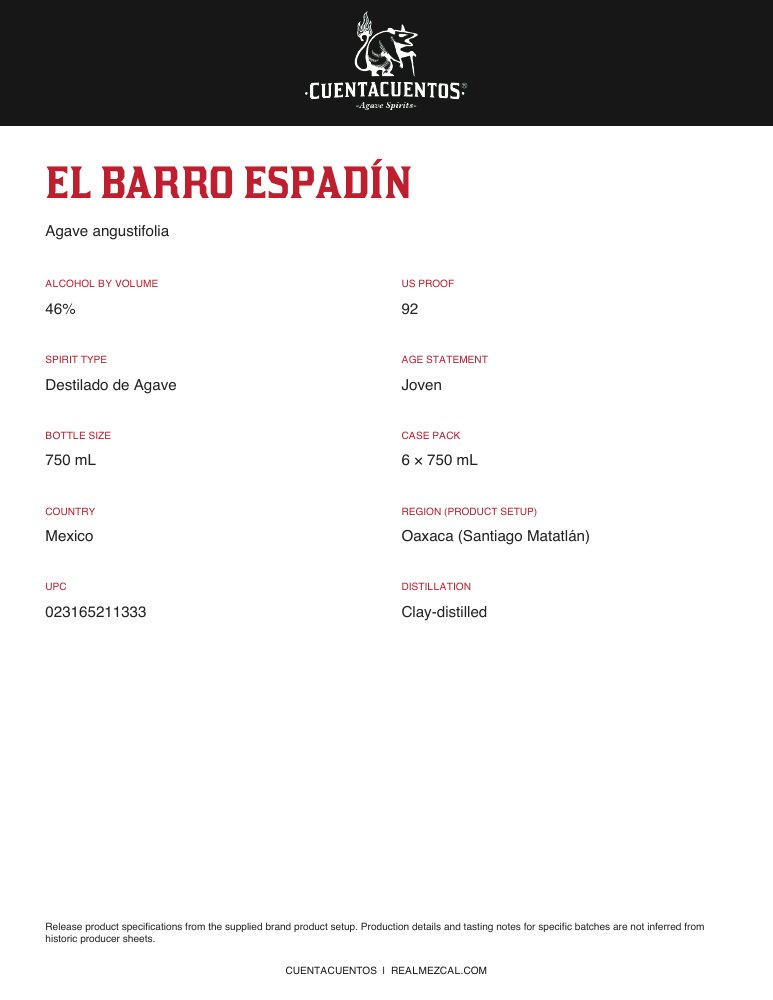 Cuentacuentos El Barro Espadín 46% · 750 mL Portrait product sheet