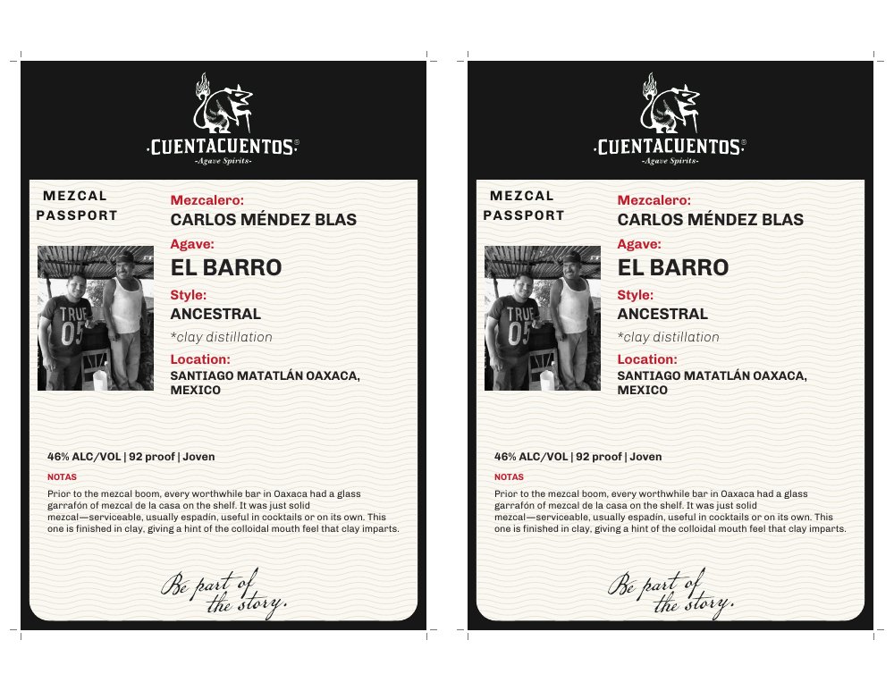 Cuentacuentos El Barro Espadín 46% · 750 mL Two-up shelf talkers · Color