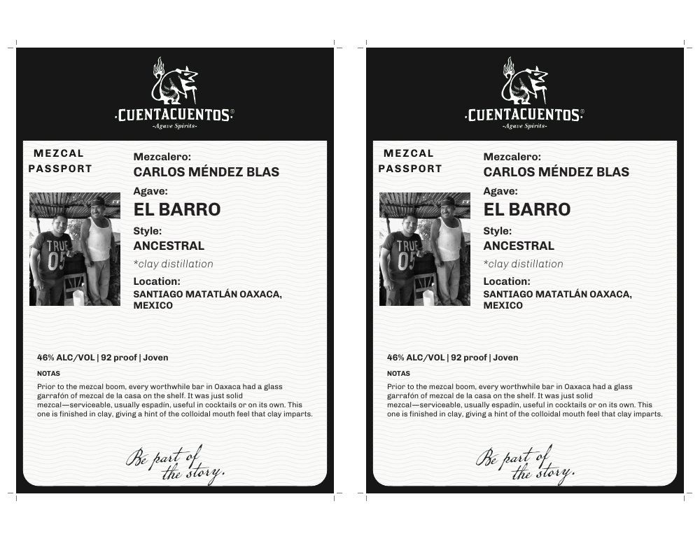 Cuentacuentos El Barro Espadín 46% · 750 mL Two-up shelf talkers · Grayscale