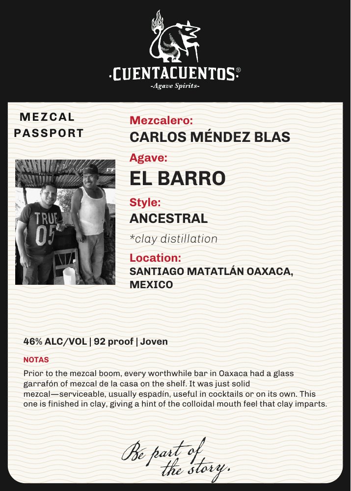 Cuentacuentos El Barro Espadín 46% · 750 mL 5 × 7 shelf talker · Color