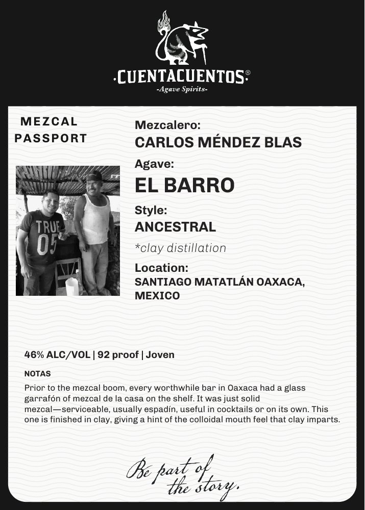 Cuentacuentos El Barro Espadín 46% · 750 mL 5 × 7 shelf talker · Grayscale