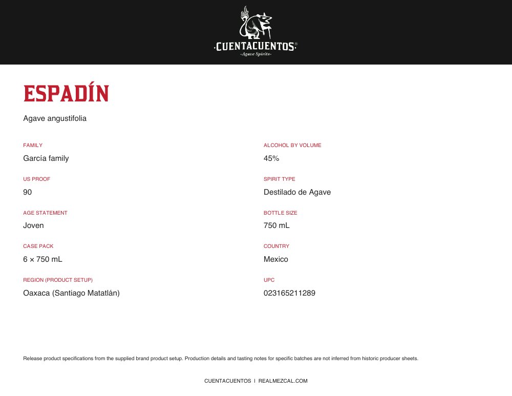 Cuentacuentos Espadín 45% · 750 mL Landscape product sheet