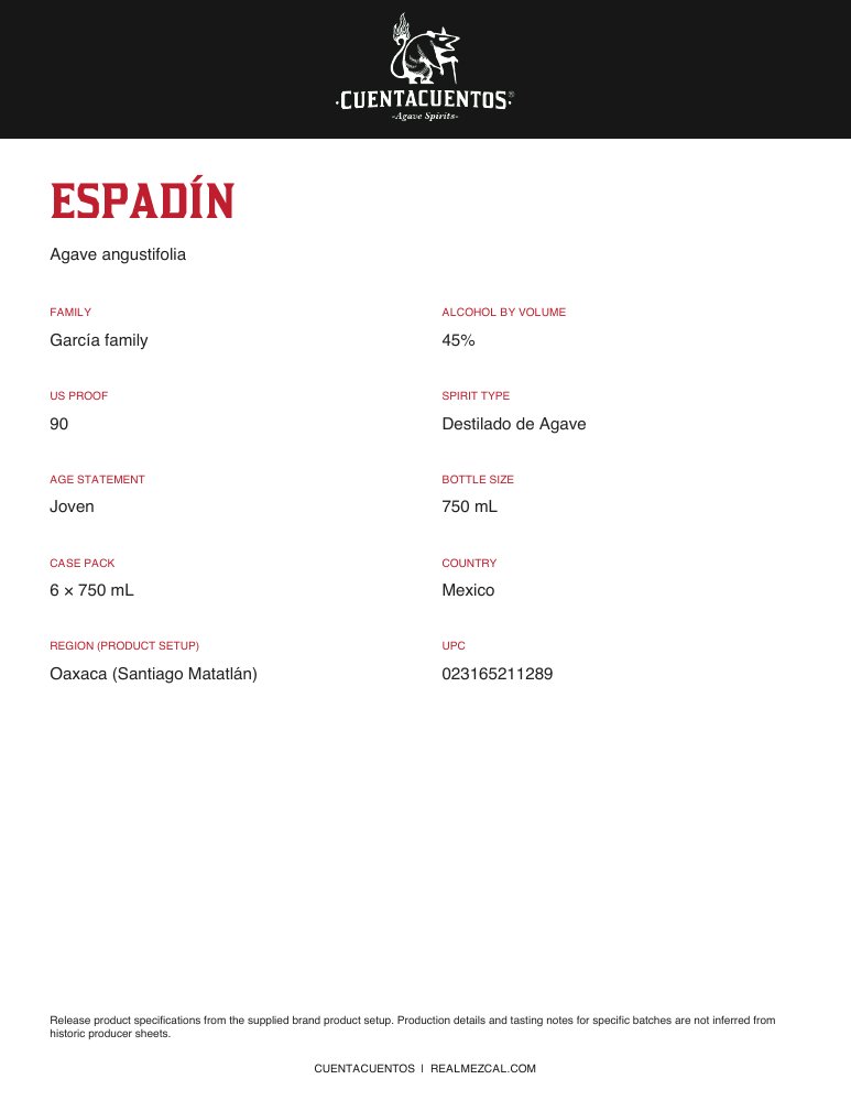 Cuentacuentos Espadín 45% · 750 mL Portrait product sheet