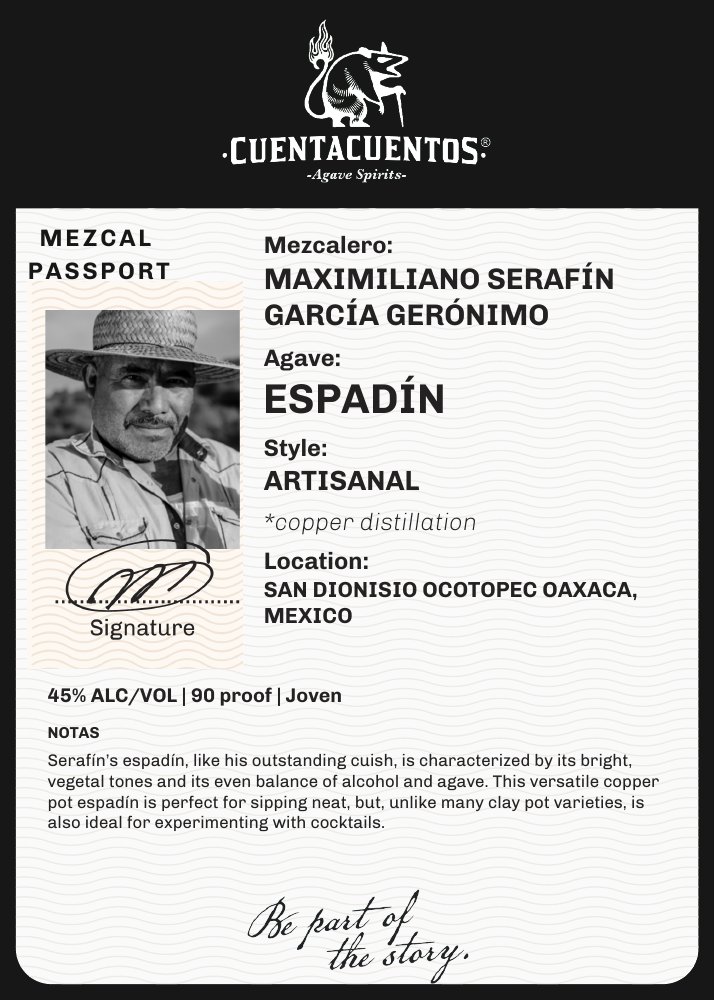 Cuentacuentos Espadín 45% · 750 mL 5 × 7 shelf talker · Grayscale