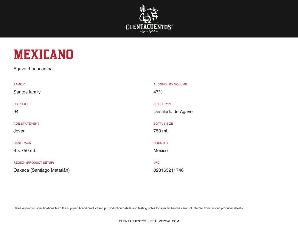 Cuentacuentos Mexicano 47% · 750 mL Landscape product sheet