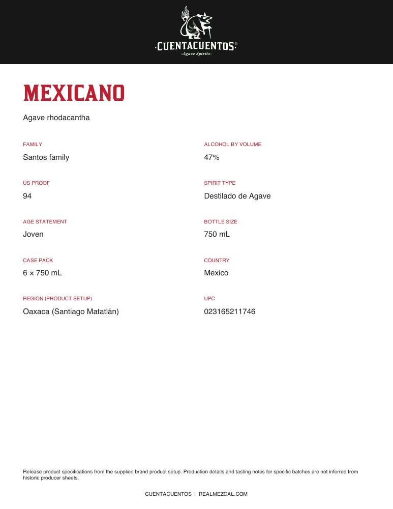 Cuentacuentos Mexicano 47% · 750 mL Portrait product sheet