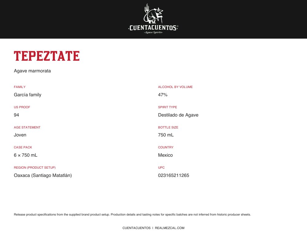 Cuentacuentos Tepeztate 47% · 750 mL Landscape product sheet