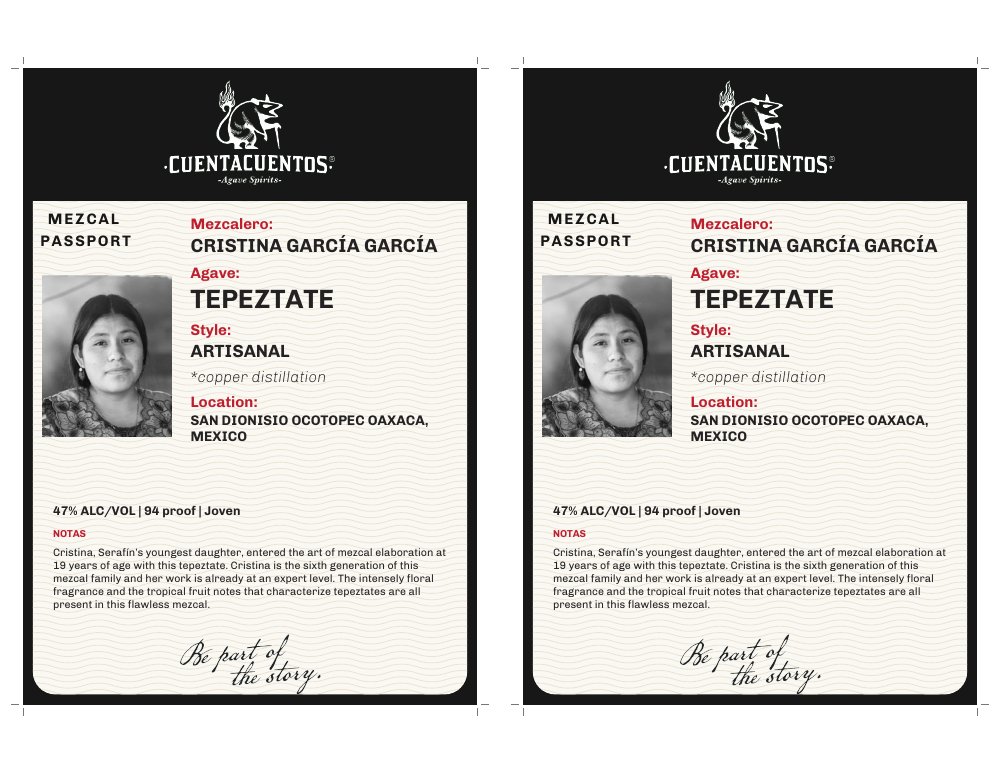 Cuentacuentos Tepeztate 47% · 750 mL Two-up shelf talkers · Color