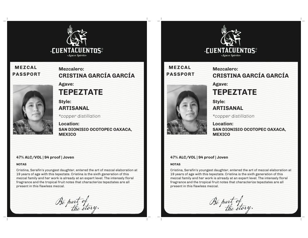 Cuentacuentos Tepeztate 47% · 750 mL Two-up shelf talkers · Grayscale