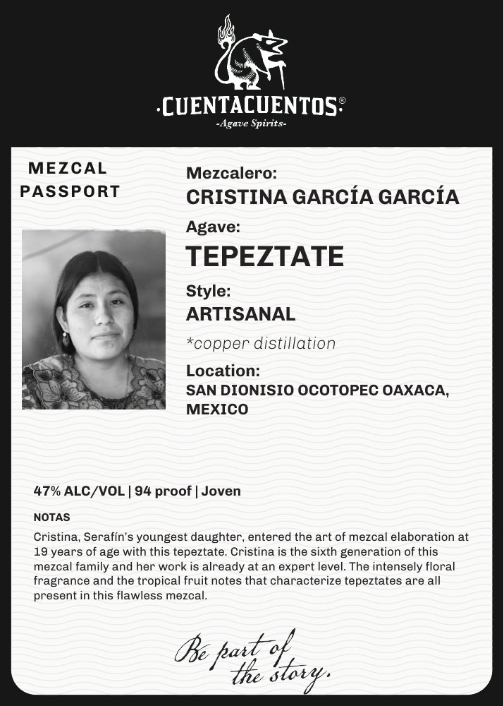 Cuentacuentos Tepeztate 47% · 750 mL 5 × 7 shelf talker · Grayscale